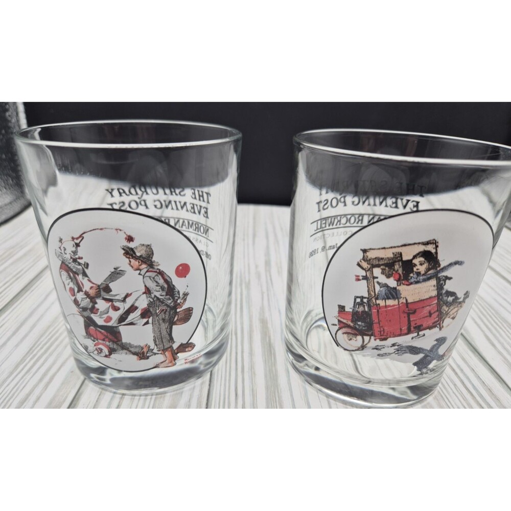 Vtg 1993 Norman Rockwell Saturday Evening Post Rocks Glasses Set of 2 12oz